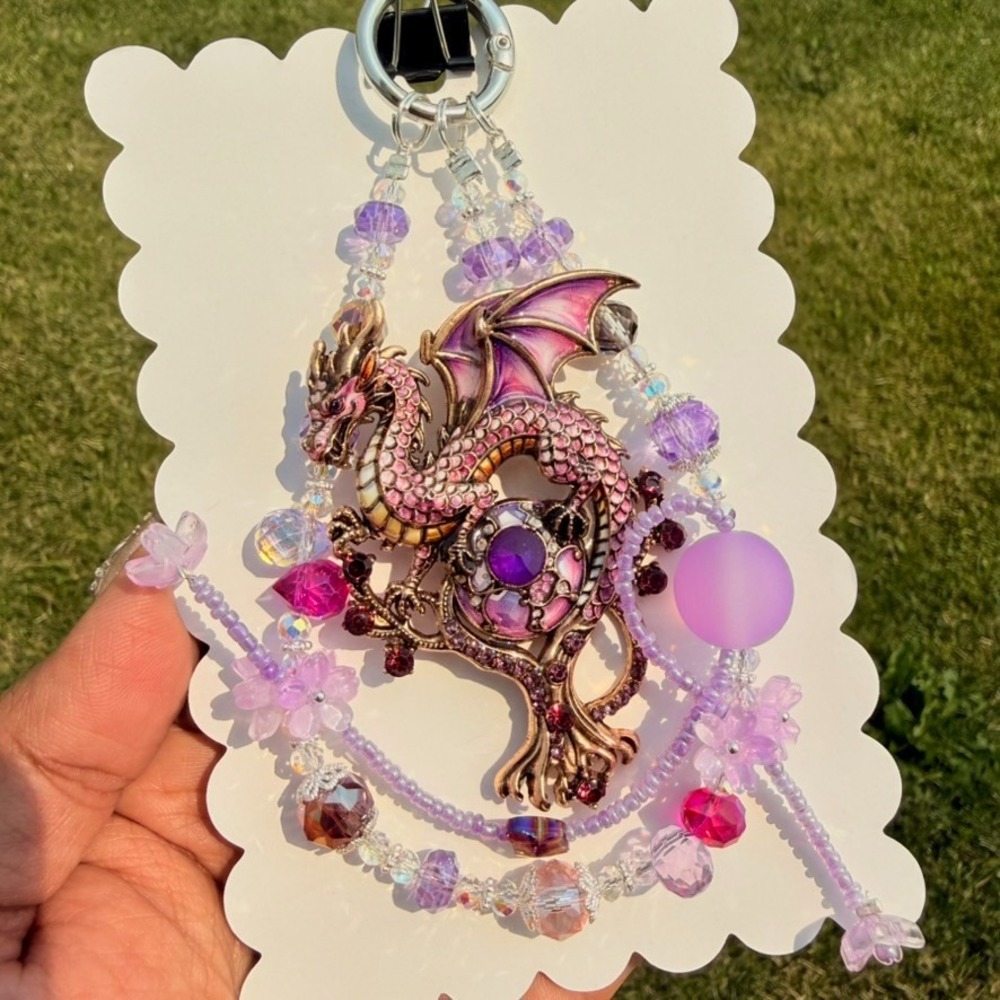 Dragon Purple Pink Beaded Phone Wristlet Charm Keychain UV Reactive Handmade